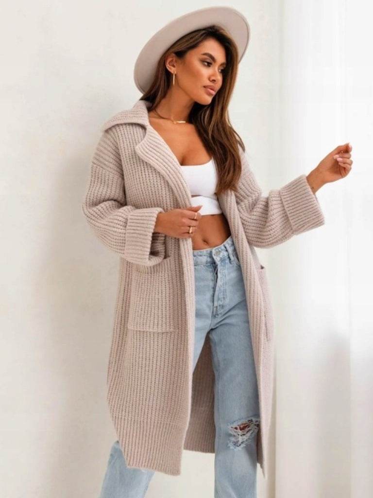 Buycenter Women's Mid-Length Knitted Cardigan - Padded, Pocket Style - Buy Center