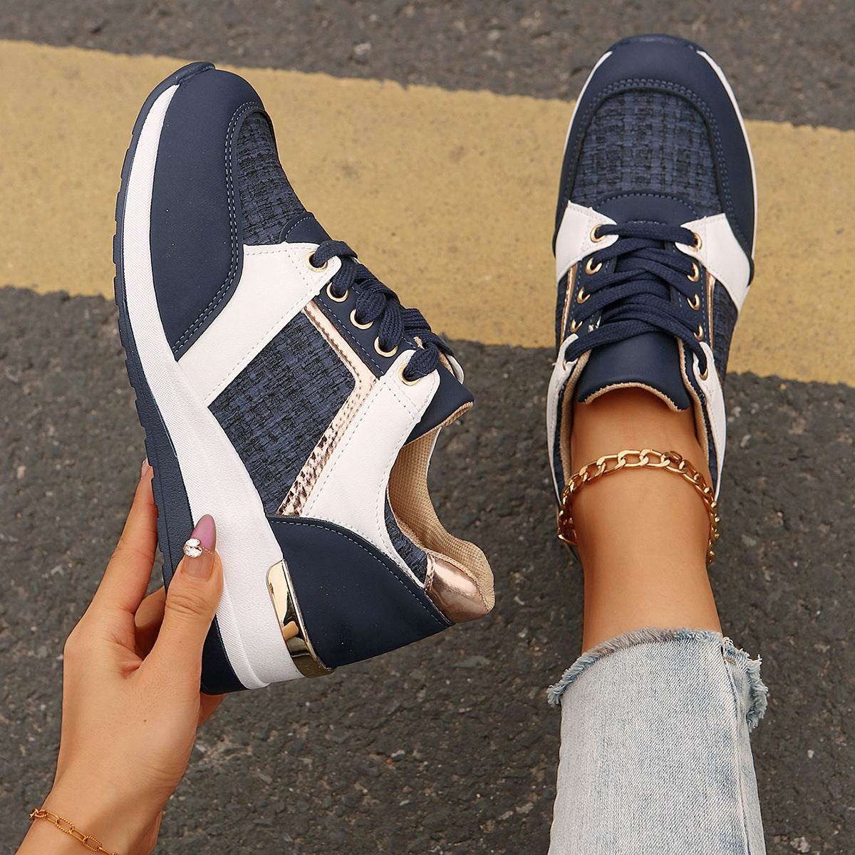 Colorblock Lace-Up Sneakers for Women - Stylish Thick-Soled Sports Flats - Buy Center