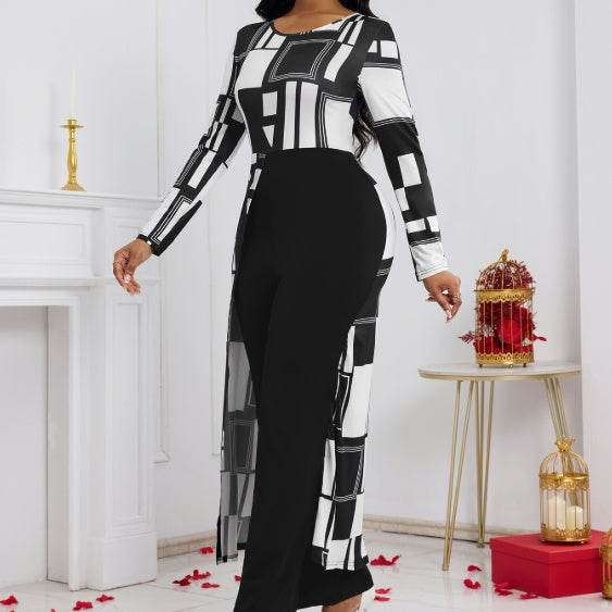 Buycenter Ladies' Geometric Pattern Jumpsuit - Elegant Long Sleeves for Fall - Buy Center