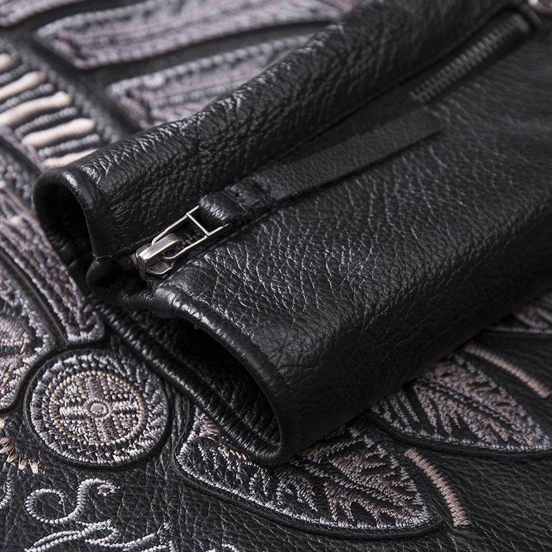 Men's Genuine Leather Motorcycle Jacket - Skull Design, Stand Collar - Buy Center