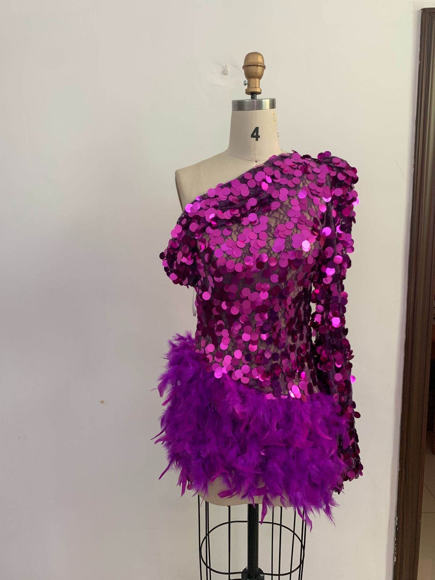 Luxury Purple Sequined Feather Skirt Dress - One-Shoulder Cocktail Glamour - Buy Center
