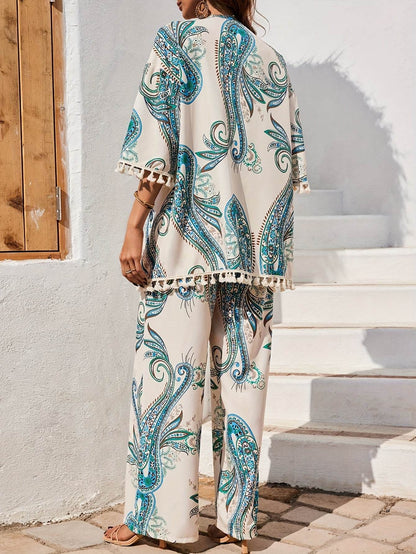 Women's Tropical Print Kimono Set - Lightweight 3/4 Sleeve Top & Pants - Buy Center