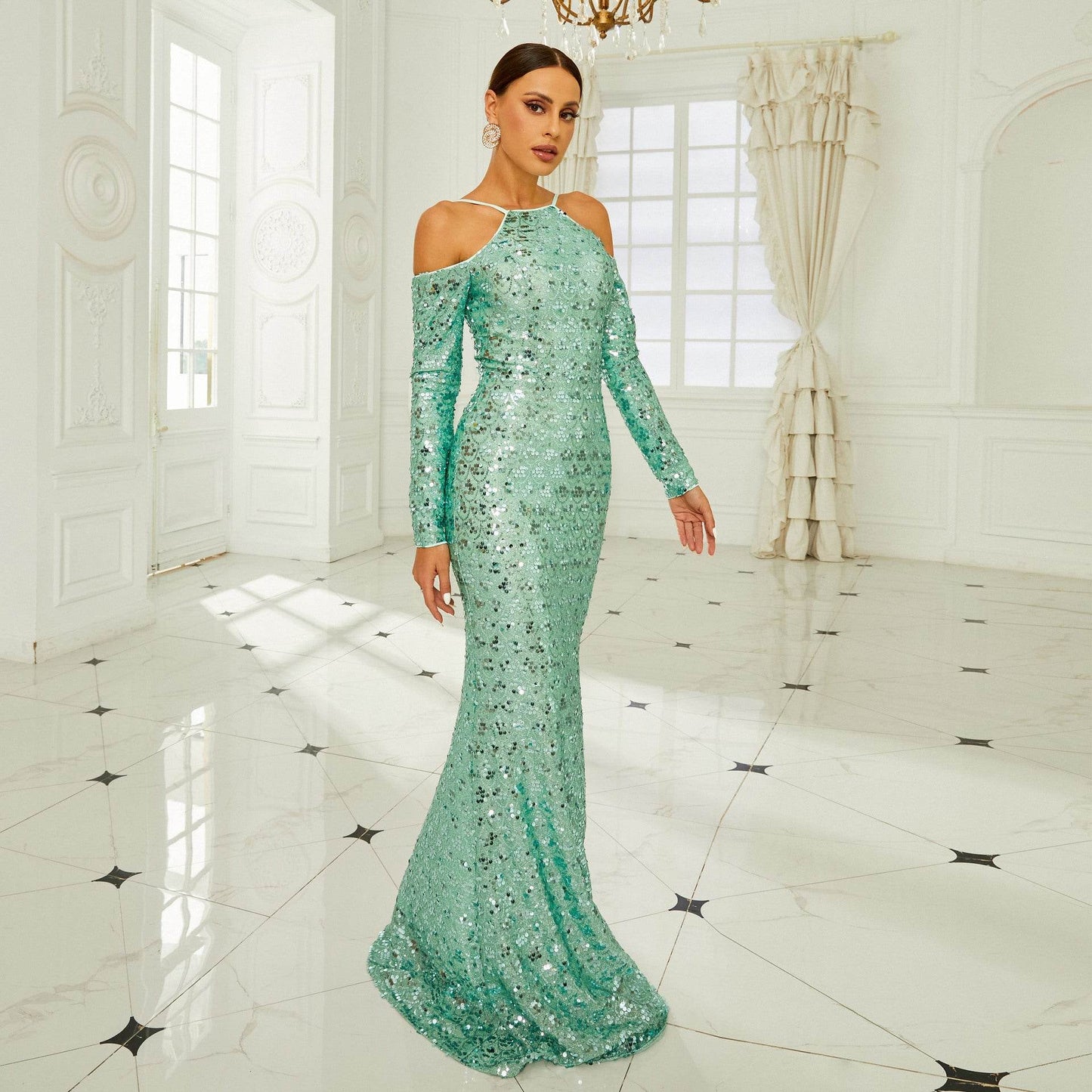 Buy Center Long Sleeve Off-the-Shoulder Fishtail Dress - Elegant Evening Style - Buy Center