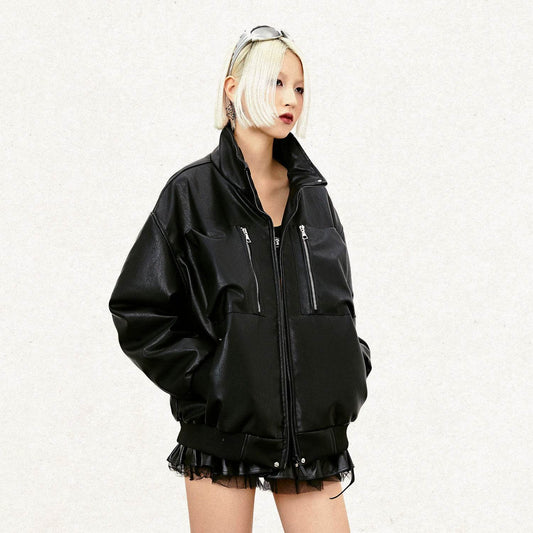Women's Vintage Leather Coat - Stylish Loose Fit PU Jacket for 2025 - Buy Center