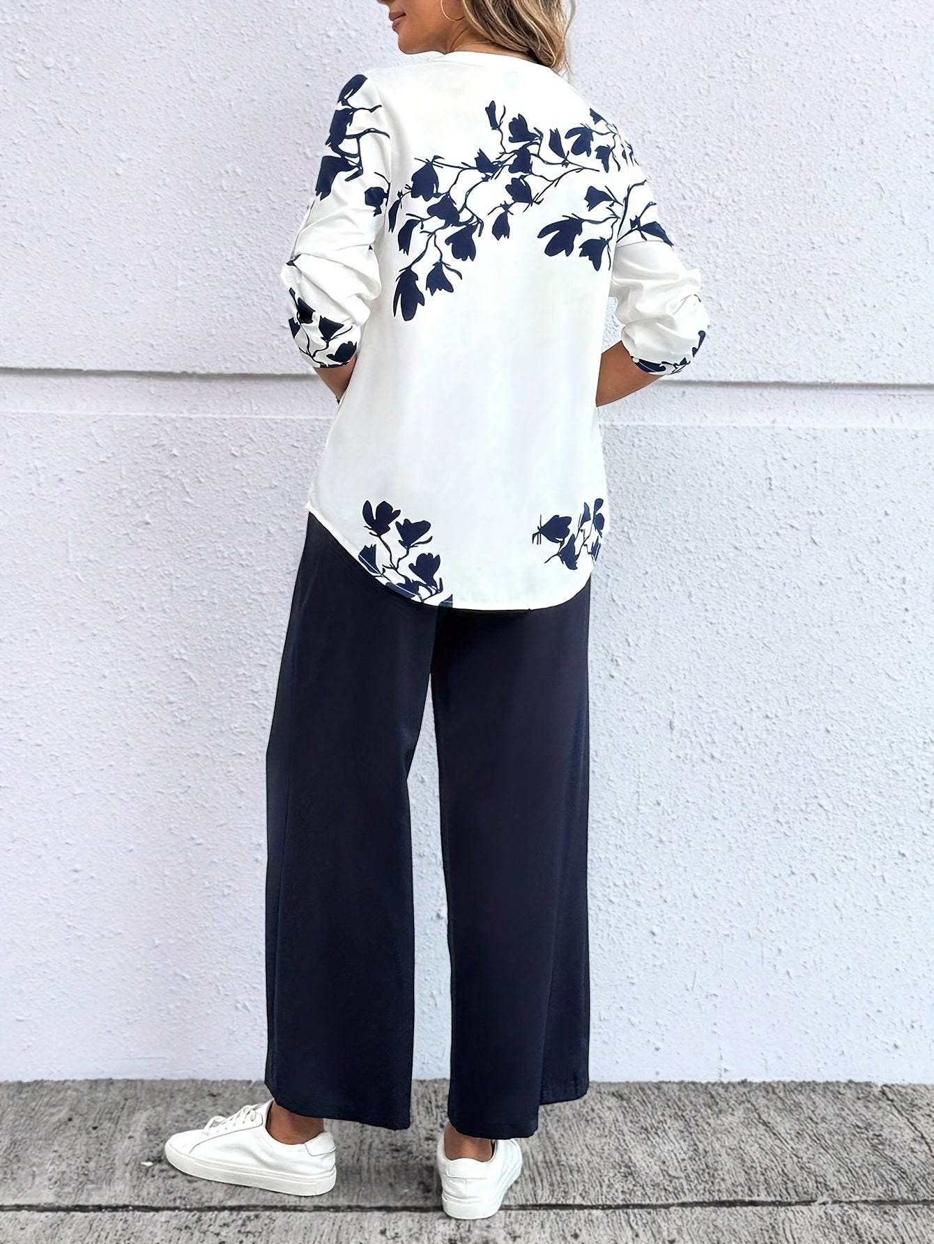 Women's Floral Print V-Neck Top & Pants Set - White Blue Casual Style - Buy Center