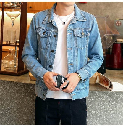 Buycenter Men's Slim Fit Denim Jacket - Multi-Pocket Motorcycle Style - Buy Center