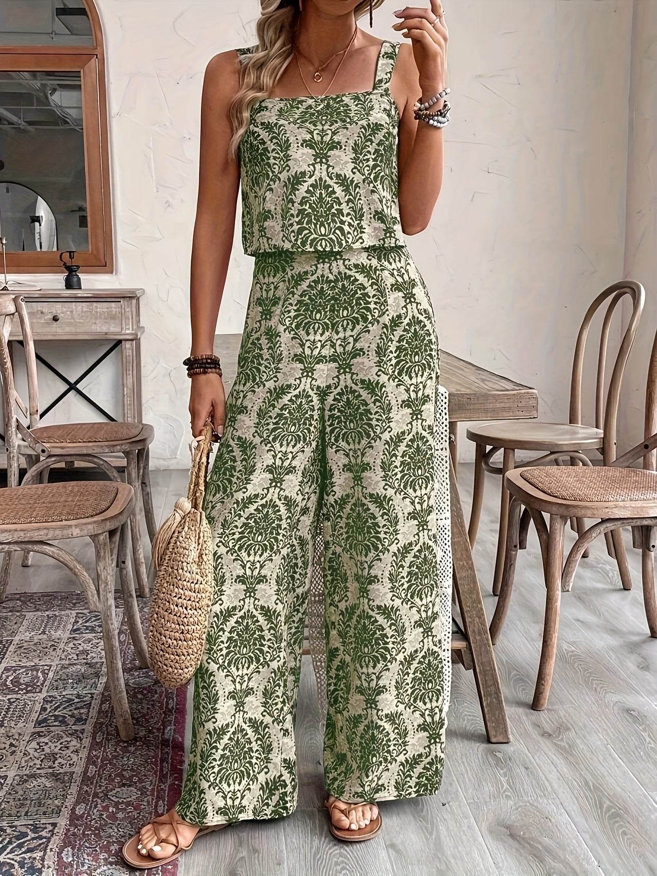 Women's Vacation Outfit - Off-Shoulder Tank Top & Wide-Leg Pants - Buy Center