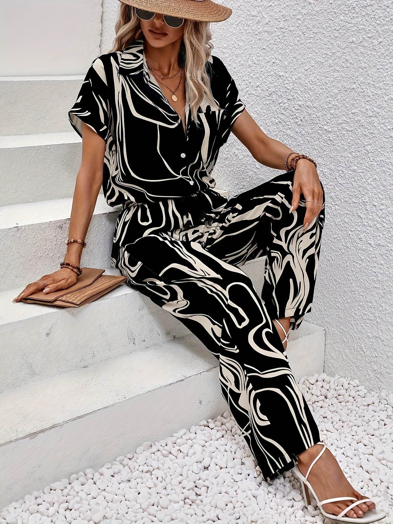 Women's Abstract Print Short Sleeve Shirt & Trousers Set - Casual Style - Buy Center