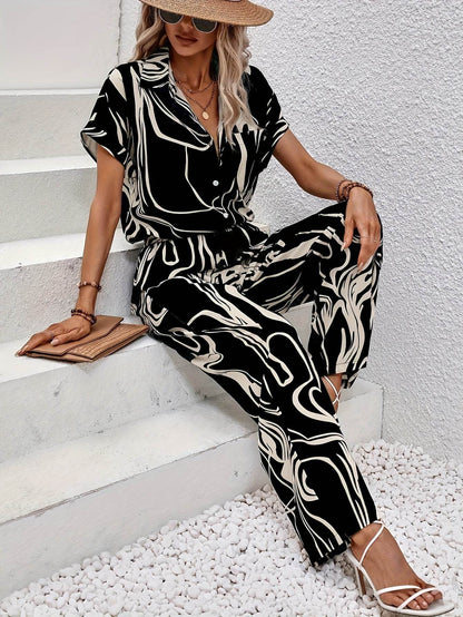 Women's Abstract Print Short Sleeve Shirt & Trousers Set - Casual Style - Buy Center