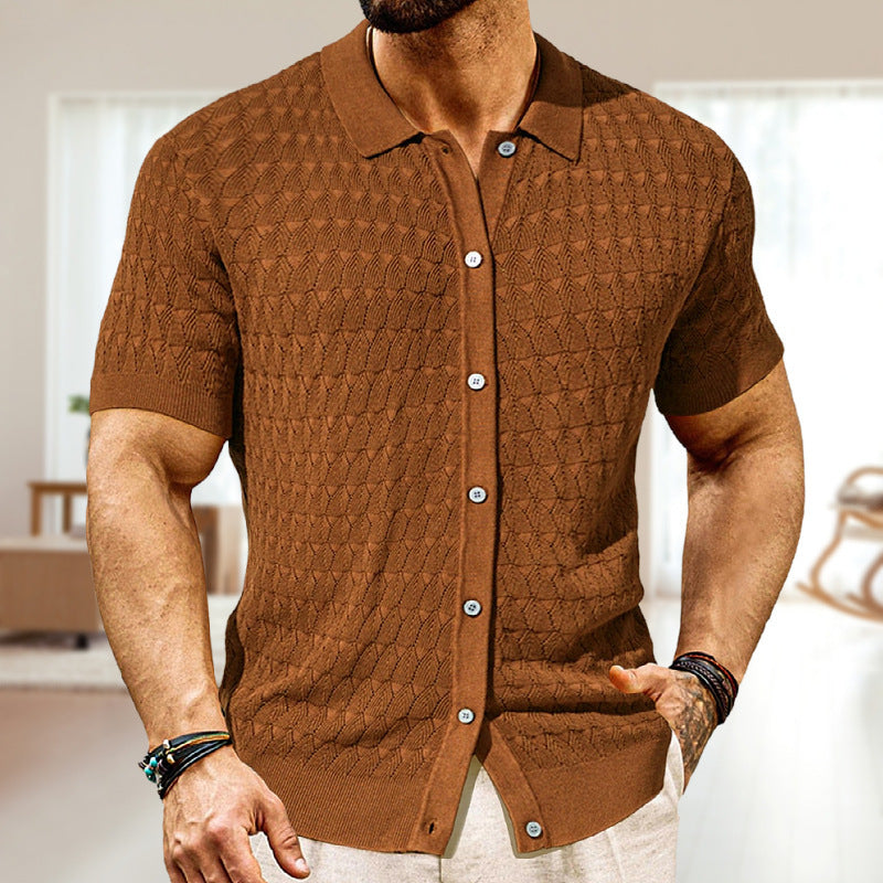 Buycenter Men's Knitwear Cardigan - Pointelle Design, Short Sleeve for Summer
