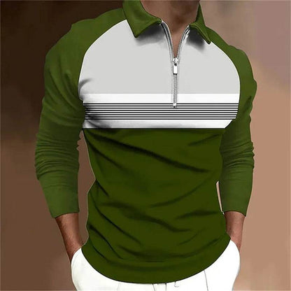 Men's Long Sleeve Color Matching Polo Shirt - Stylish Zipper T-Shirt Top - Buy Center