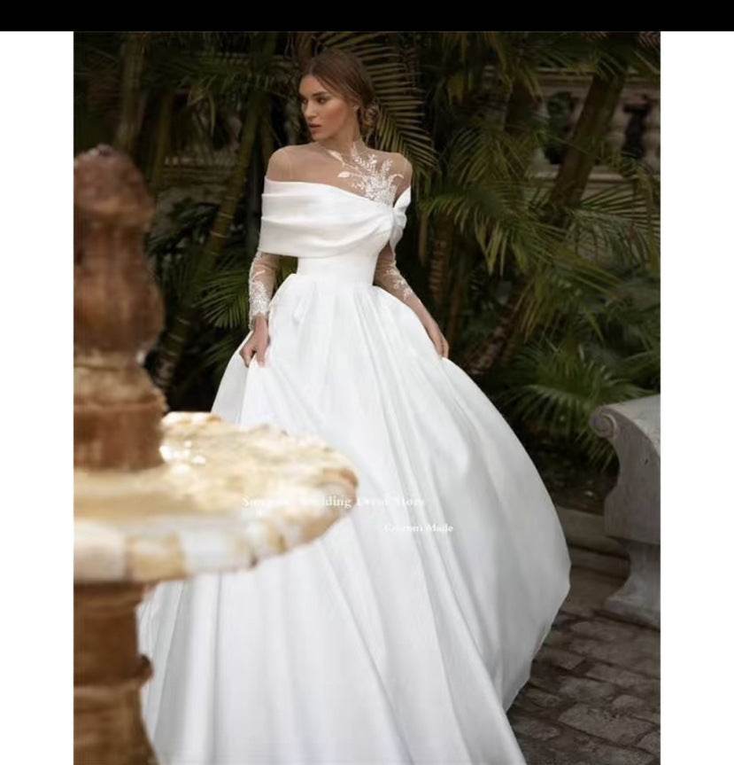 Elegant Satin Wedding Dress - Long Sleeve Raglan Tutu Skirt, Size S-XXXXL - Buy Center