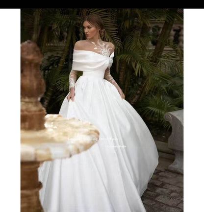 Elegant Satin Wedding Dress - Long Sleeve Raglan Tutu Skirt, Size S-XXXXL - Buy Center