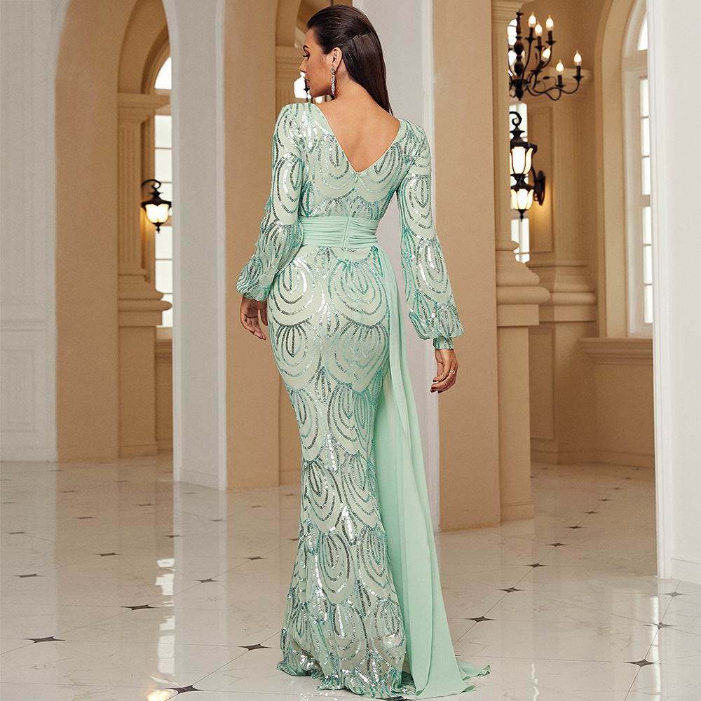 Elegant Long Sleeve Sequined V-Neck Dress - Perfect for Formal Events - Buy Center