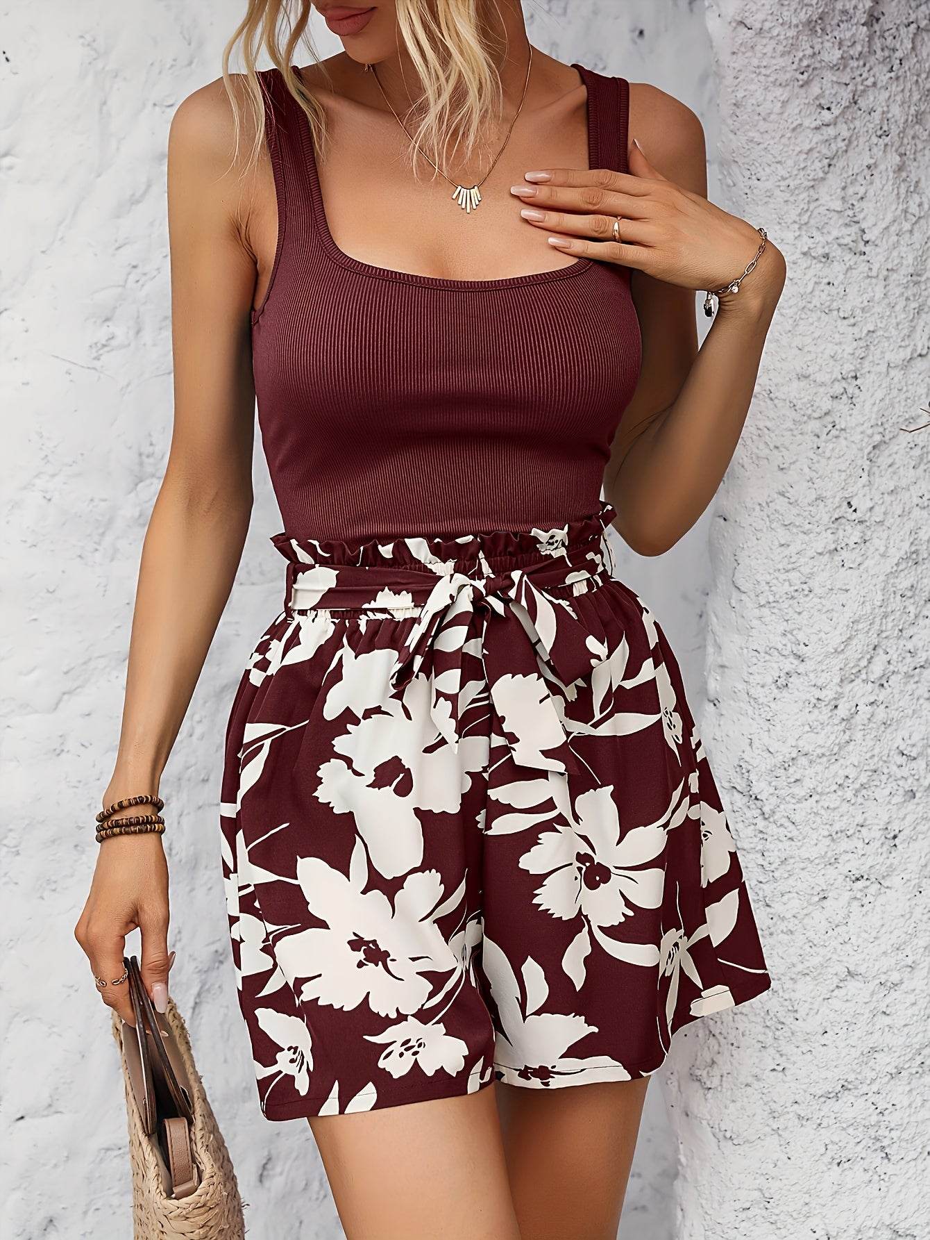Striped Vest & Floral Shorts Set - Perfect Vacation Outfit - Buy Center