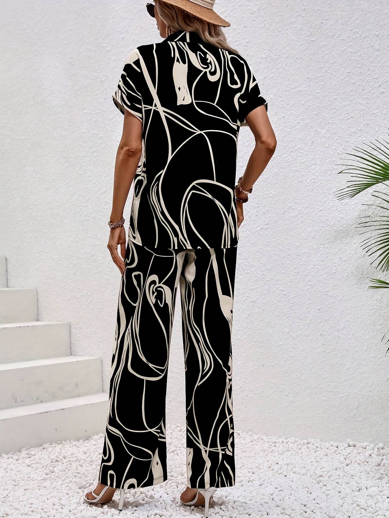 Women's Abstract Print Short Sleeve Shirt & Trousers Set - Casual Style - Buy Center