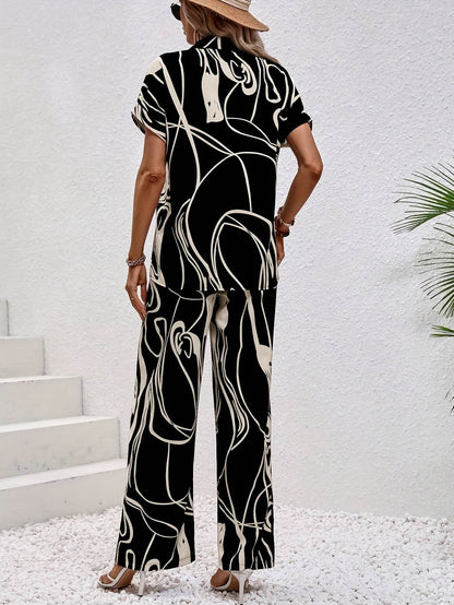 Women's Abstract Print Short Sleeve Shirt & Trousers Set - Casual Style - Buy Center