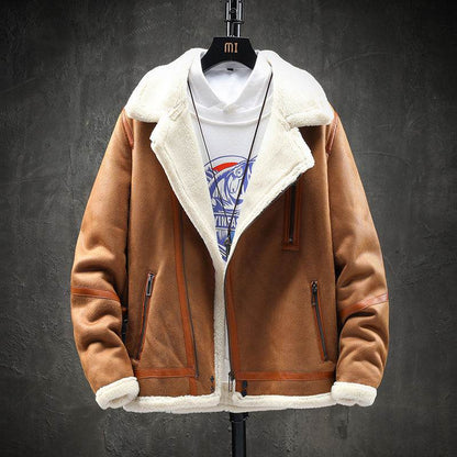 Short Lapel Men's Lamb Wool Jacket - Padded Plus Velvet in Khaki & Black - Buy Center