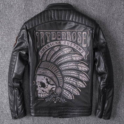 Men's Genuine Leather Motorcycle Jacket - Skull Design, Stand Collar - Buy Center