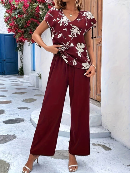 Floral Print Two-Piece Set - V Neck Top & Wide Leg Pants - Buy Center