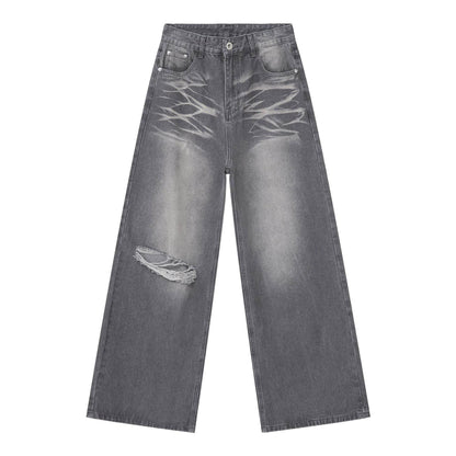 Buycenter Men's American Retro Ripped Loose Jeans - Straight Leg Design - Buy Center