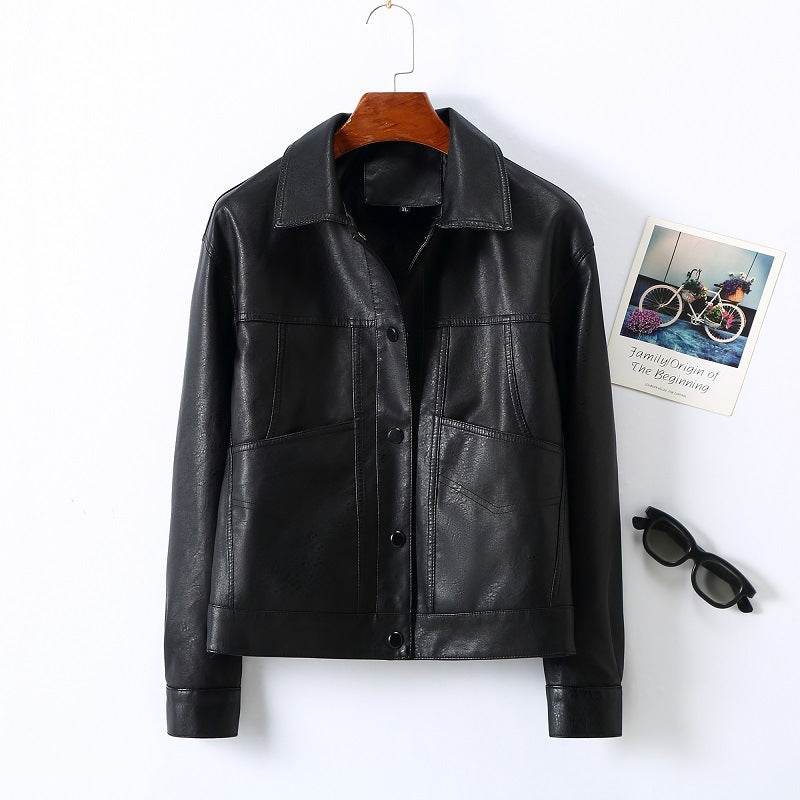 Women's Leather Short Coat - Stylish Lapel Design in Multiple Colors - Buy Center