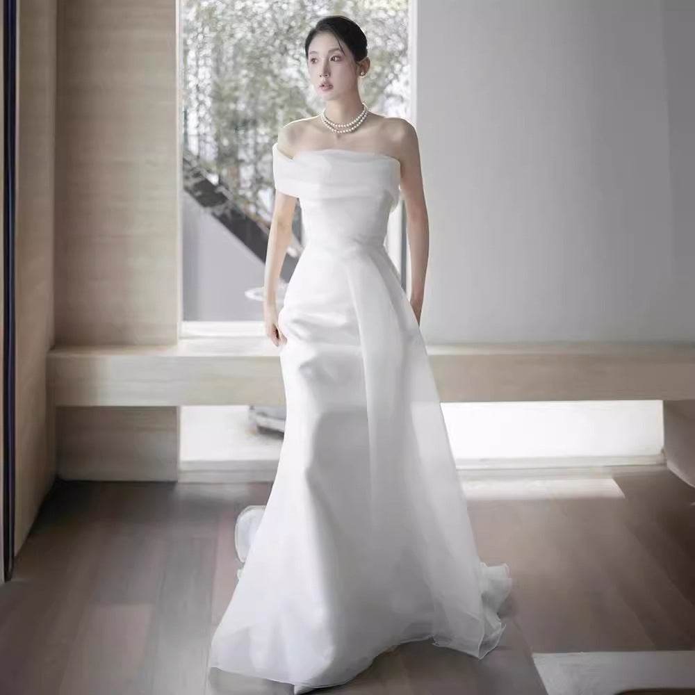 Elegant French Off-Shoulder Wedding Dress - Stylish Light White Gown - Buy Center