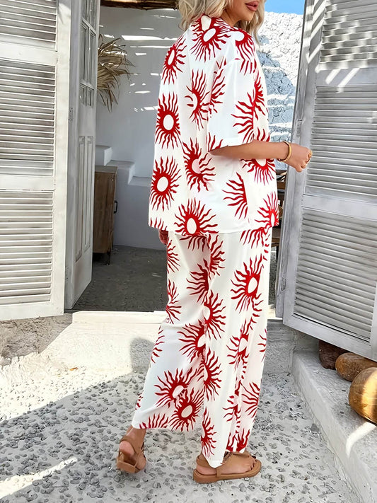 Summer Bohemian Color-Block Shirt & Wide-Leg Pants Set - Elegant Style - Buy Center