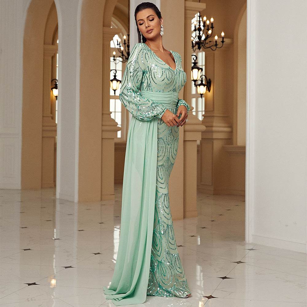 Elegant Long Sleeve Sequined V-Neck Dress - Perfect for Formal Events - Buy Center