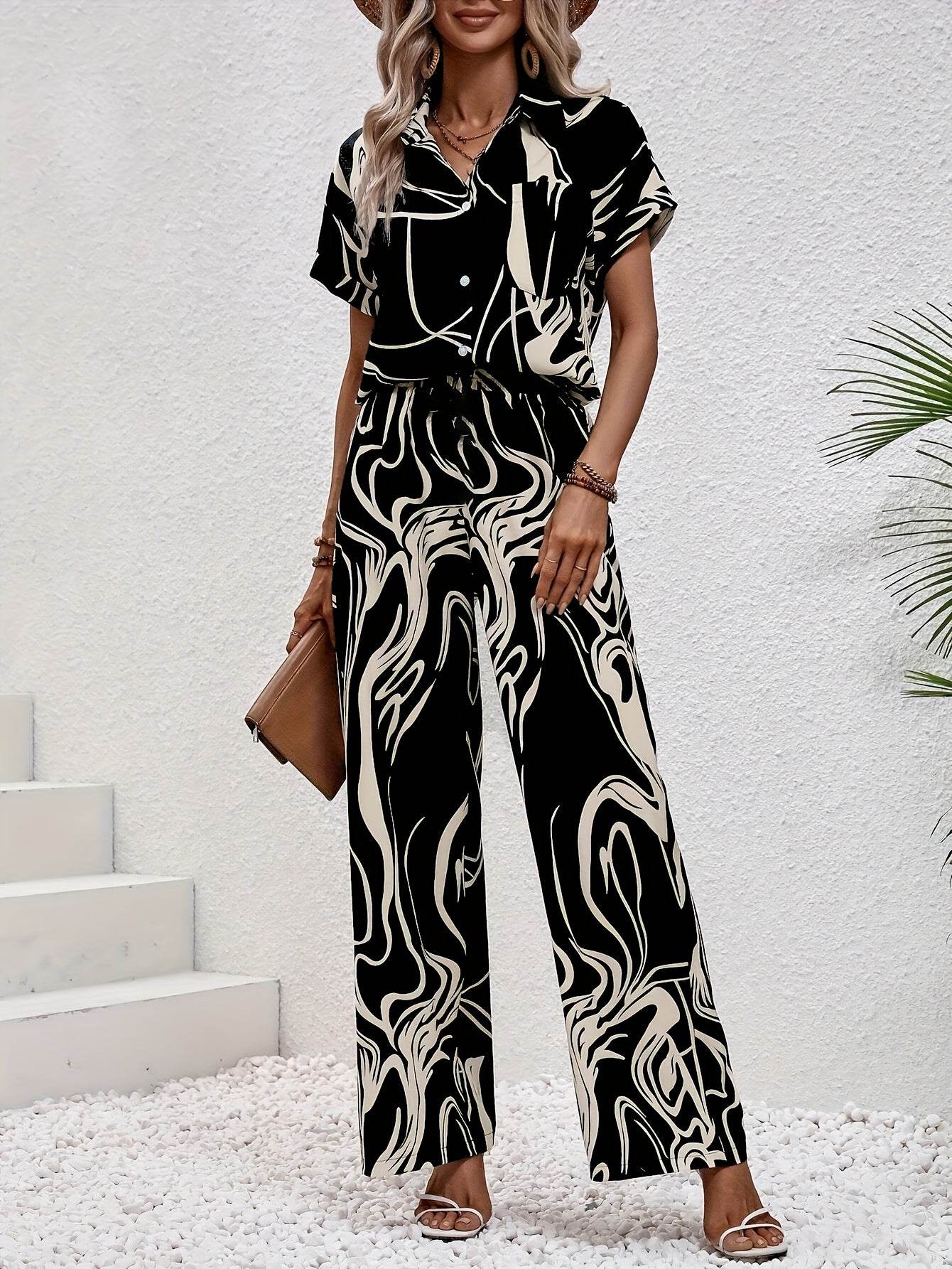 Women's Abstract Print Short Sleeve Shirt & Trousers Set - Casual Style - Buy Center