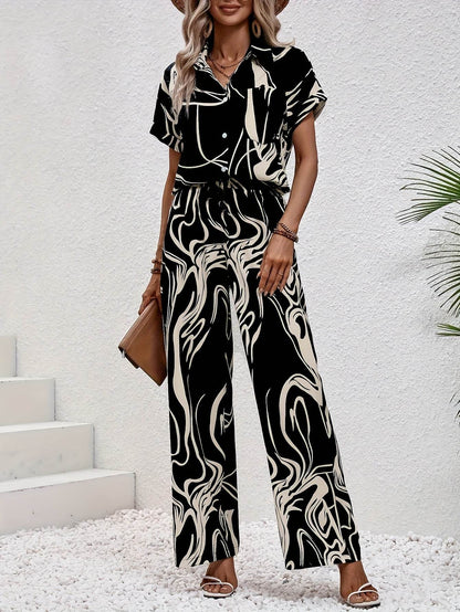 Women's Abstract Print Short Sleeve Shirt & Trousers Set - Casual Style - Buy Center