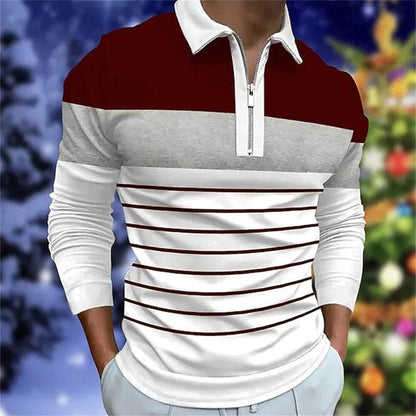 Men's Long Sleeve Color Matching Polo Shirt - Stylish Zipper T-Shirt Top - Buy Center