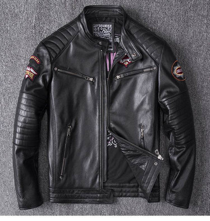 Men's Genuine Leather Motorcycle Jacket - Skull Design, Stand Collar - Buy Center