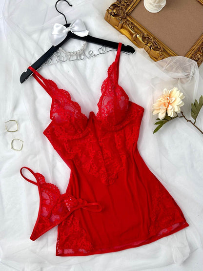 Elegant Cutout Sling Tulle Lace Pajamas for Women - See-Through Comfort - Buy Center