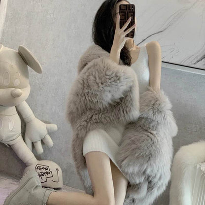 Online Influencer Hooded Faux Fur Coat - Trendy Elephant Gray Style - Buy Center