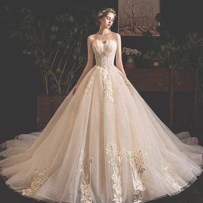 Elegant Bride Summer Tube Top Dress - Mori Style Trailing Skirt in Champagne - Buy Center