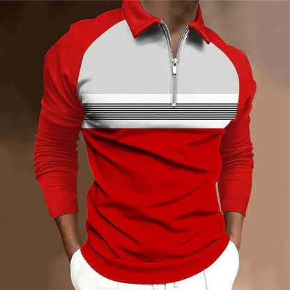 Men's Long Sleeve Color Matching Polo Shirt - Stylish Zipper T-Shirt Top - Buy Center