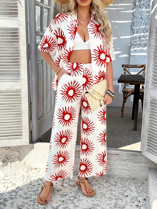 Summer Bohemian Color-Block Shirt & Wide-Leg Pants Set - Elegant Style - Buy Center