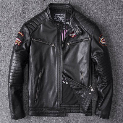 Men's Genuine Leather Motorcycle Jacket - Skull Design, Stand Collar - Buy Center