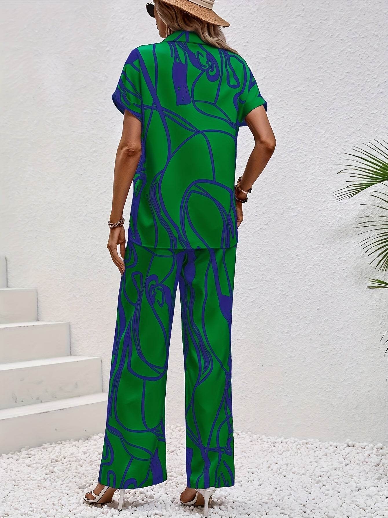 Women's Abstract Print Short Sleeve Shirt & Trousers Set - Casual Style - Buy Center