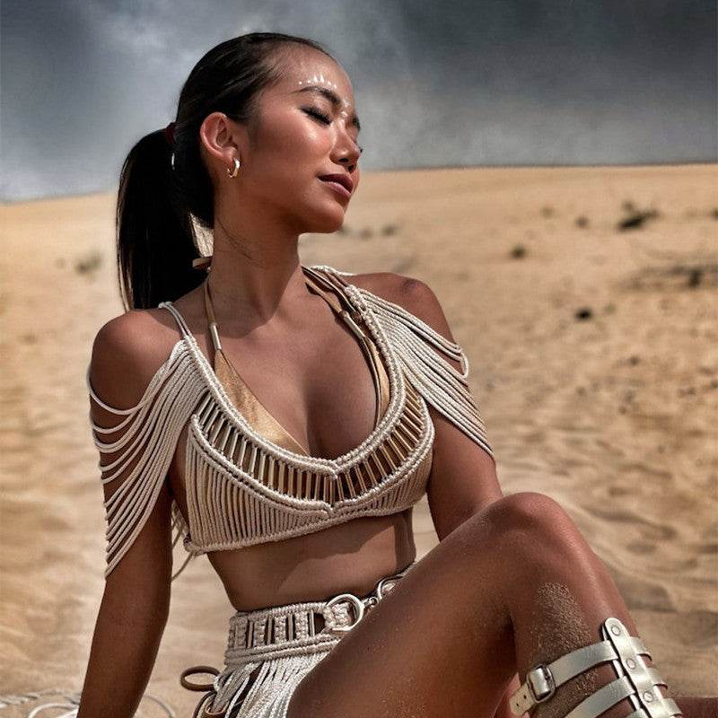 Creative Women's Beach Dress - Hand-Woven Tassel & Sexy Split Wrap - Buy Center