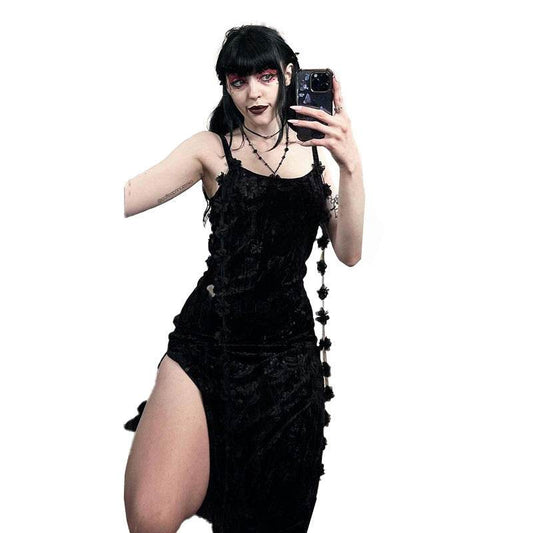 Elegant Ribbon Embossed Velvet Dress - Spaghetti Straps for Women - Buy Center