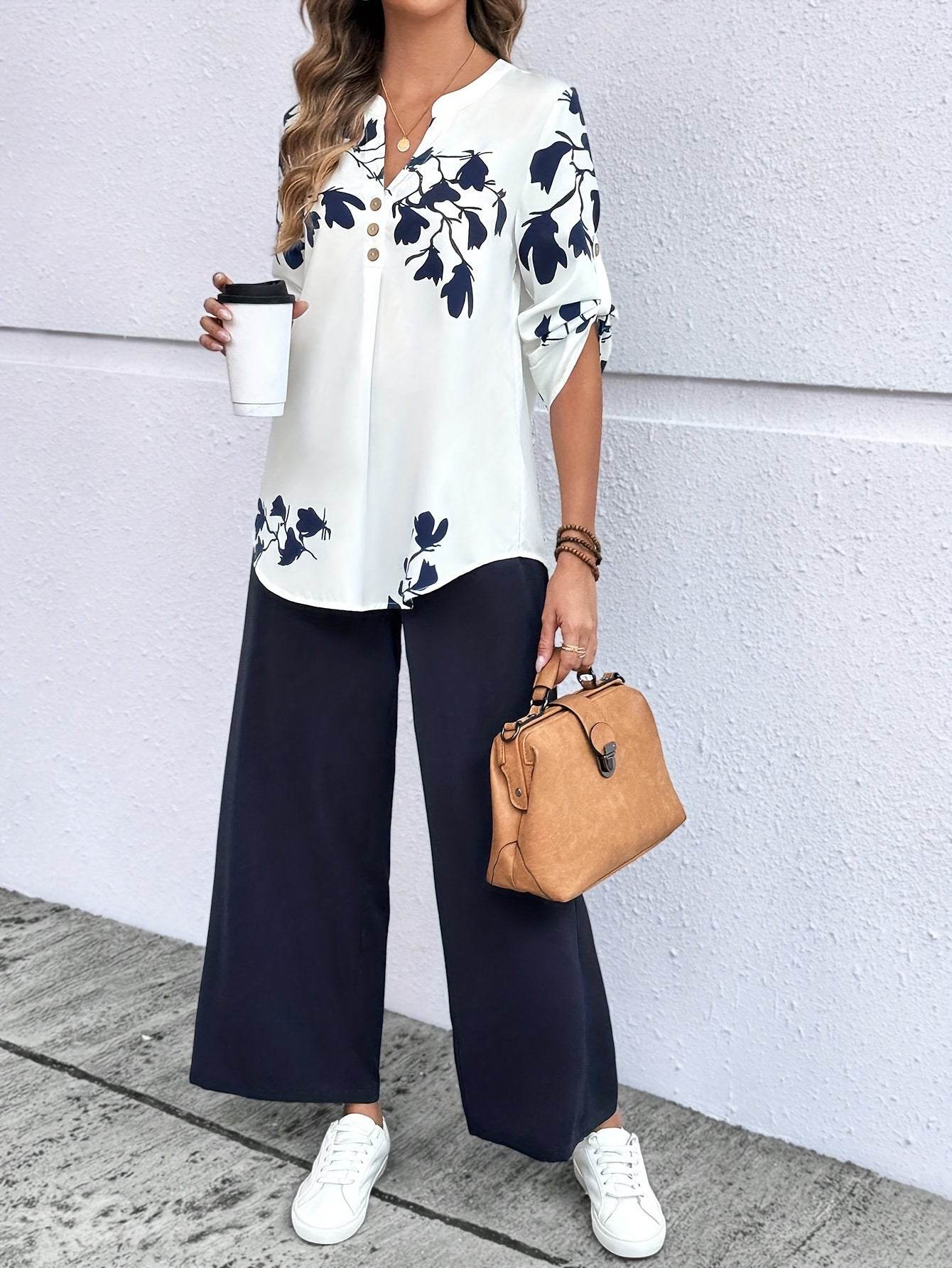 Women's Floral Print V-Neck Top & Pants Set - White Blue Casual Style - Buy Center
