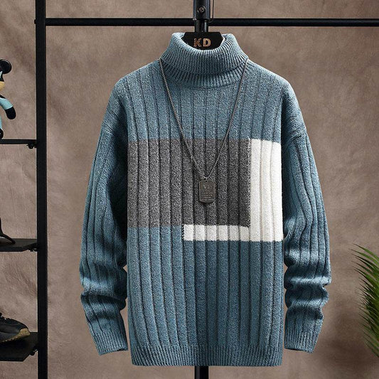 Buycenter Men's Knitted Turtleneck Sweater - Color Stitching, Cozy Warmth - Buy Center