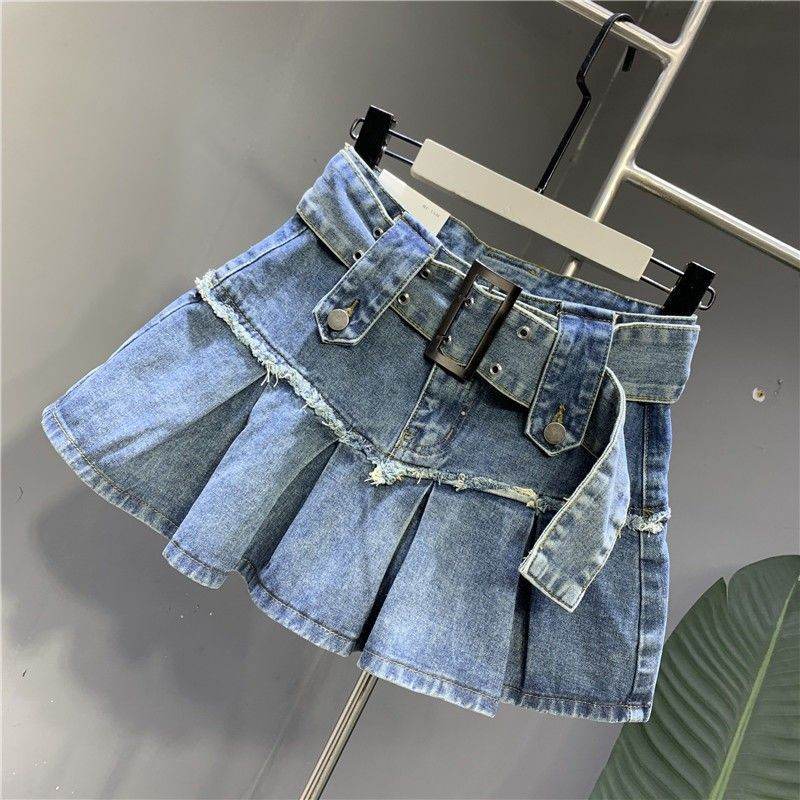 Retro Light Blue A-Line Denim Skirt - Stylish Pleated Design for Girls - Buy Center
