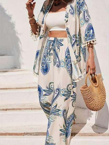 YY0208118 Women's Peacock Print Kimono & Loose Pants Set - Elegant Style - Buy Center