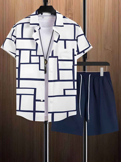 Black and White Striped Hawaiian Shirt Set for Men - Casual Summer Style