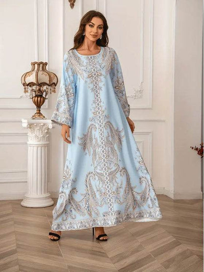 Buycenter Elegant Floral Print Abaya Dress - Long Sleeve, Micro Elastic - Buy Center
