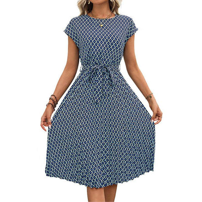 Elegant Round Neck Lace-Up Dress - Blue A-Line Flight Sleeve Style - Buy Center