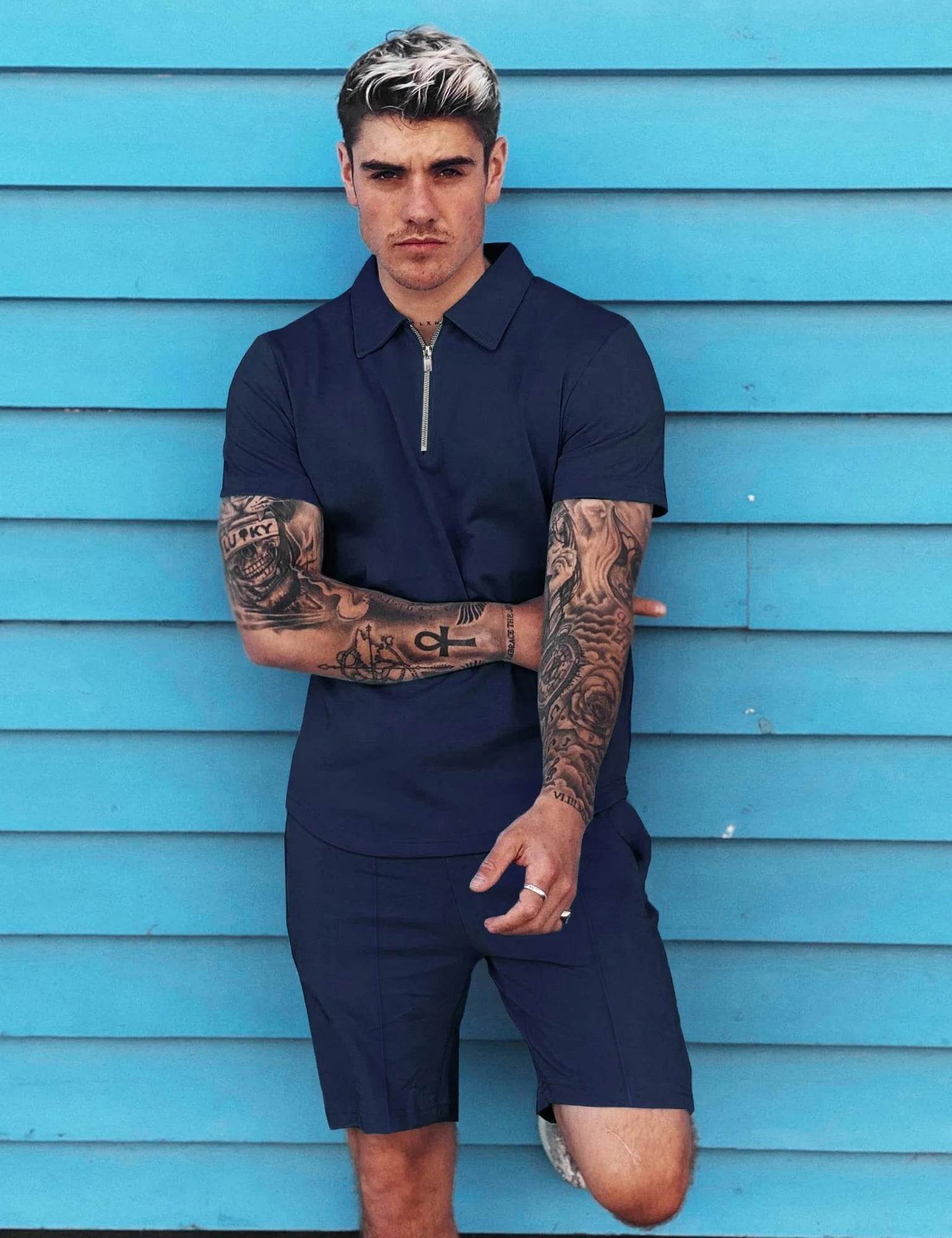 Men's Solid Color Sports Suit - Zip Up Polo Shirt & Drawstring Shorts - Buy Center